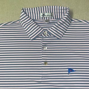 Peter Miller Performance Polo. L. Pink + blue stripe. Club at Admirals Cove logo